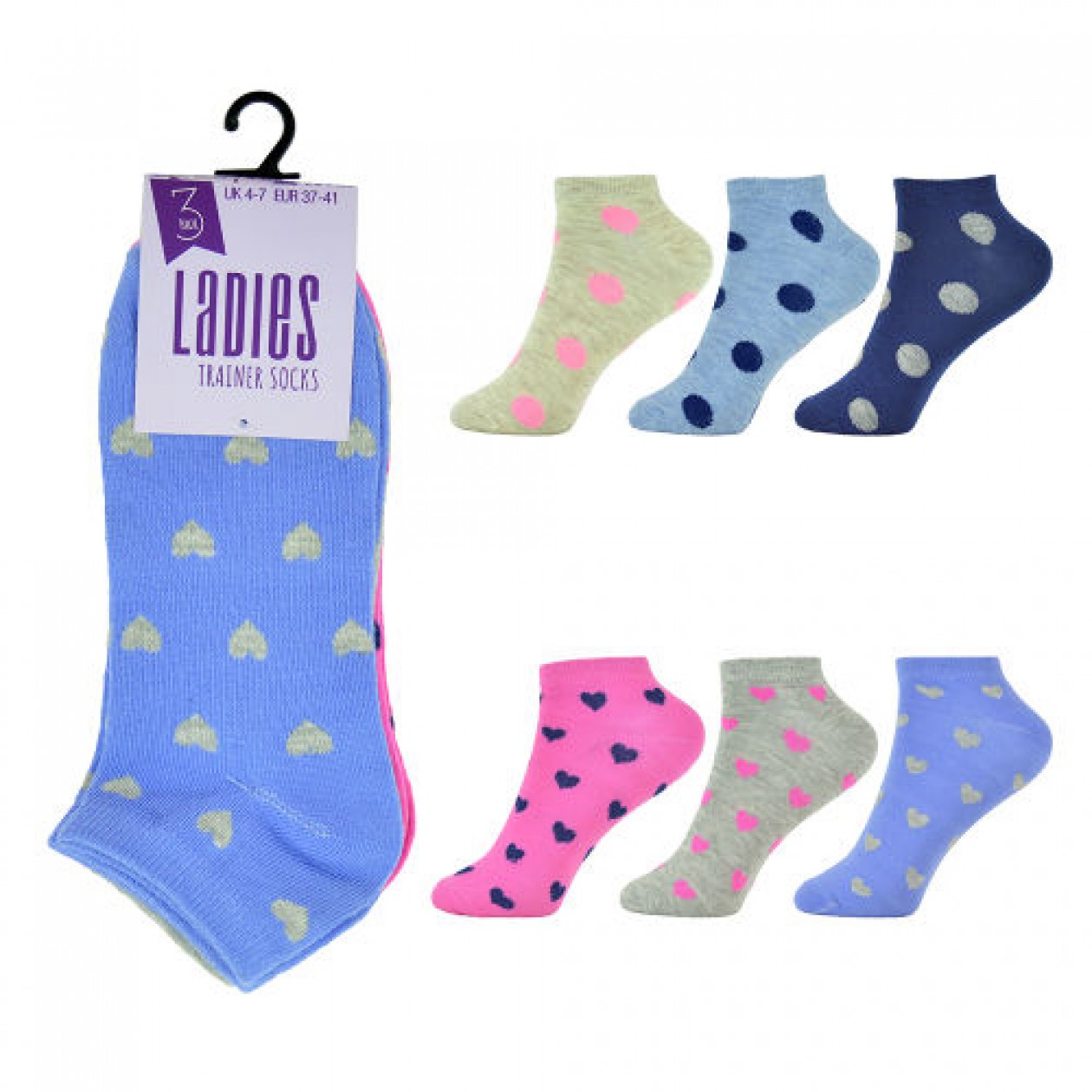 Ladies 3 Pack Trainer Socks Spots And Hearts Ladies 3 Pack Trainer Socks Spots And Hearts
