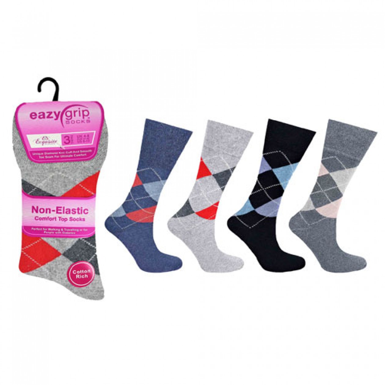 Ladies Eazy Grip Non Elastic Socks Argyle 3 Pack Ladies Eazy Grip Non Elastic Socks Argyle 3 Pack