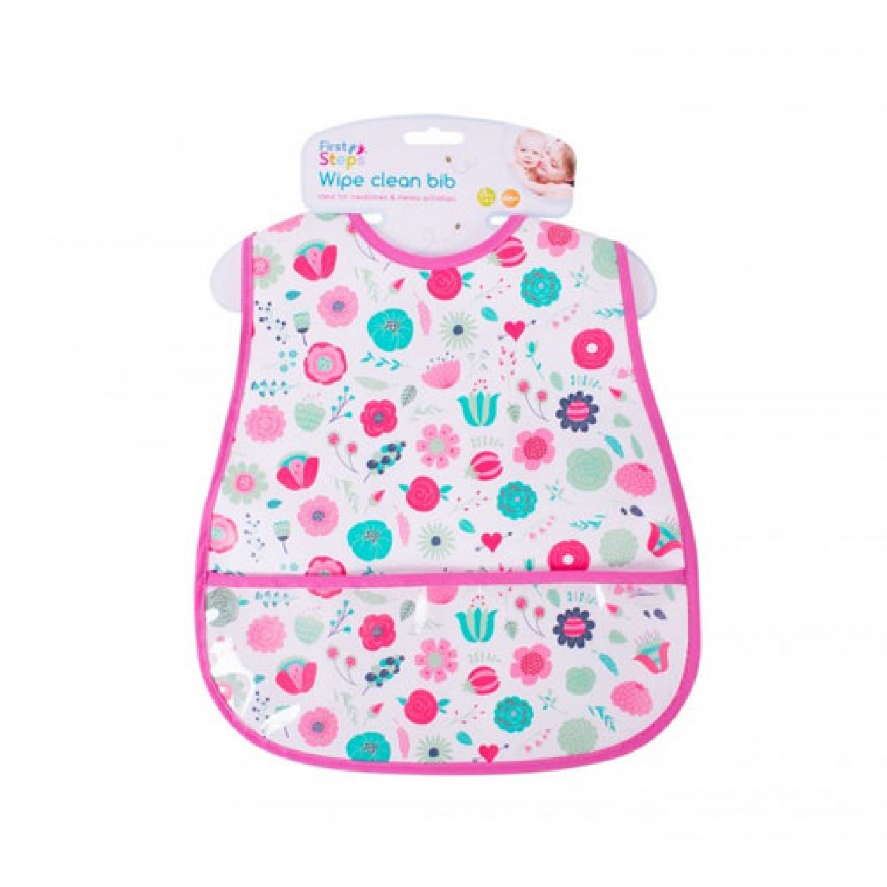 First Steps Single Peva Wipe Clean Baby Bib Flowers with Pocket First Steps Single Peva Wipe Clean Baby Bib Flowers with Pocket