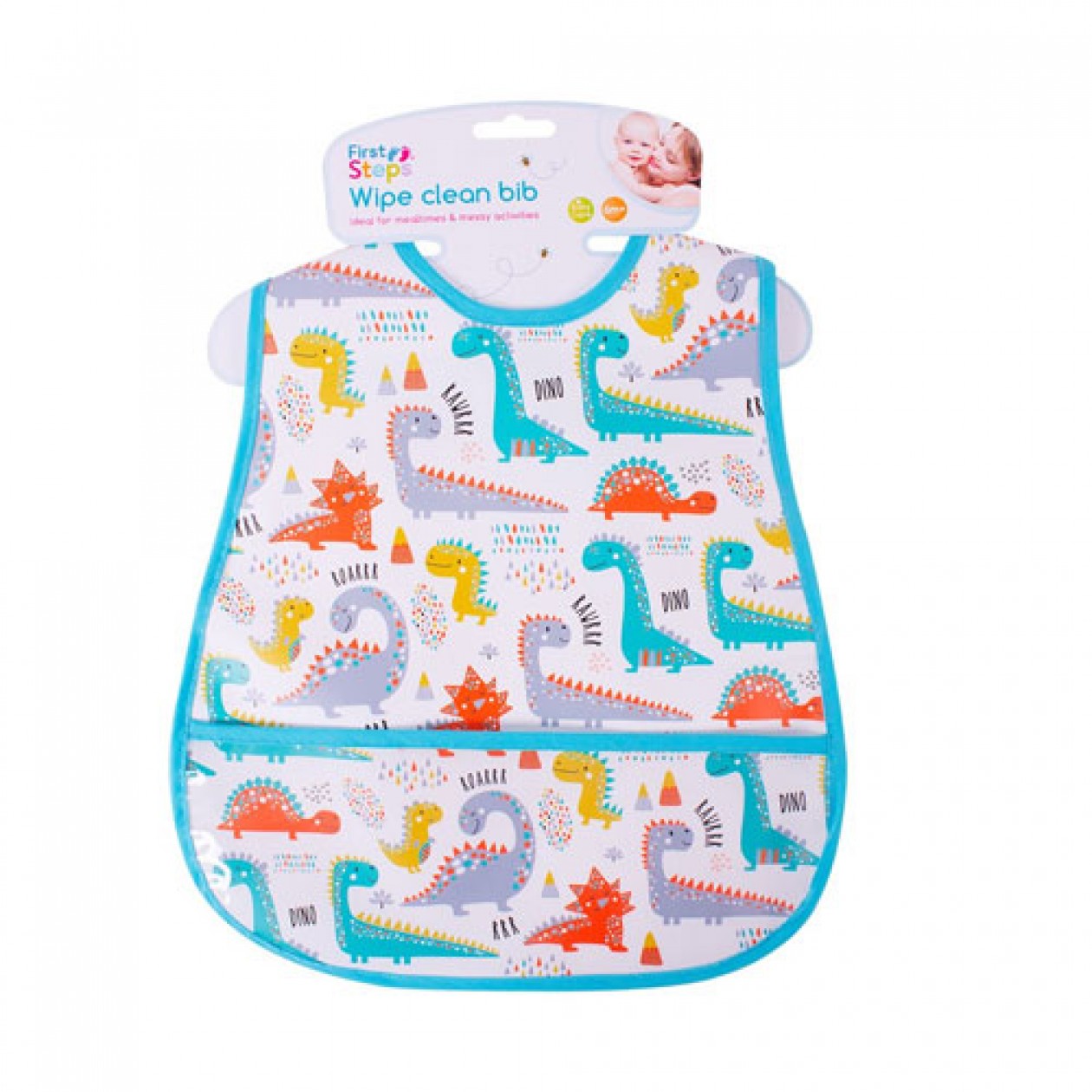 First Steps Single Peva Wipe Clean Baby Bib Dino with Pocket First Steps Single Peva Wipe Clean Baby Bib Dino with Pocket