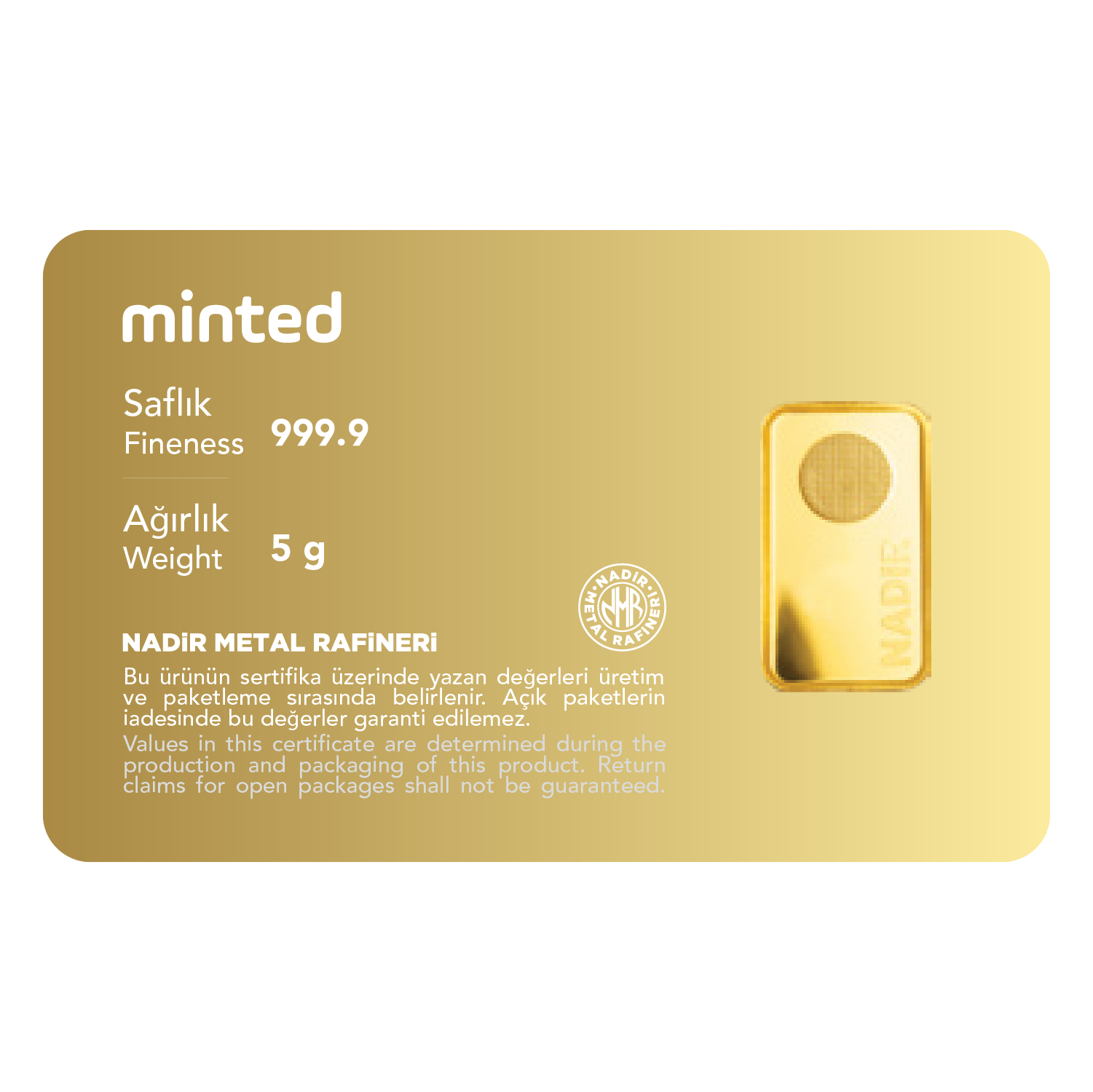 Minted 5 Gr 999,9 Külçe Altın Minted 5 Gr 999,9 Külçe Altın