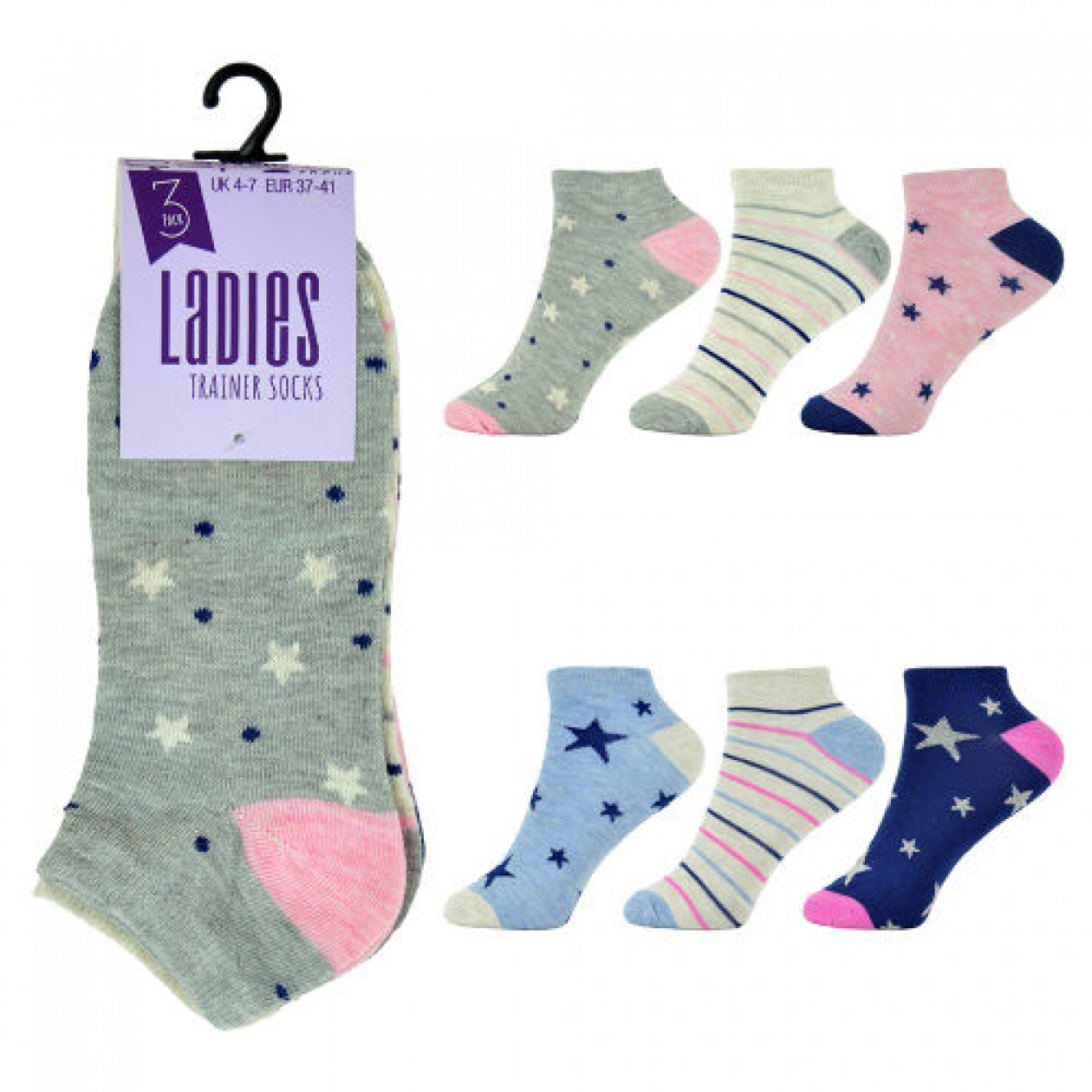 Ladies 3 Pack Trainer Socks Stars And Stripes