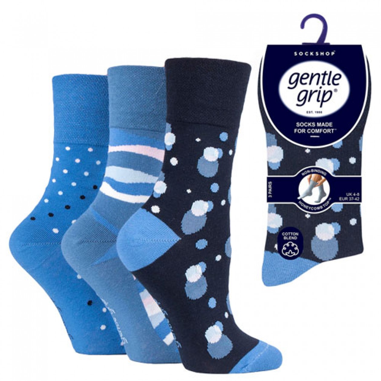 Ladies Gentle Grip Socks Intarsia Blue 3 Pack