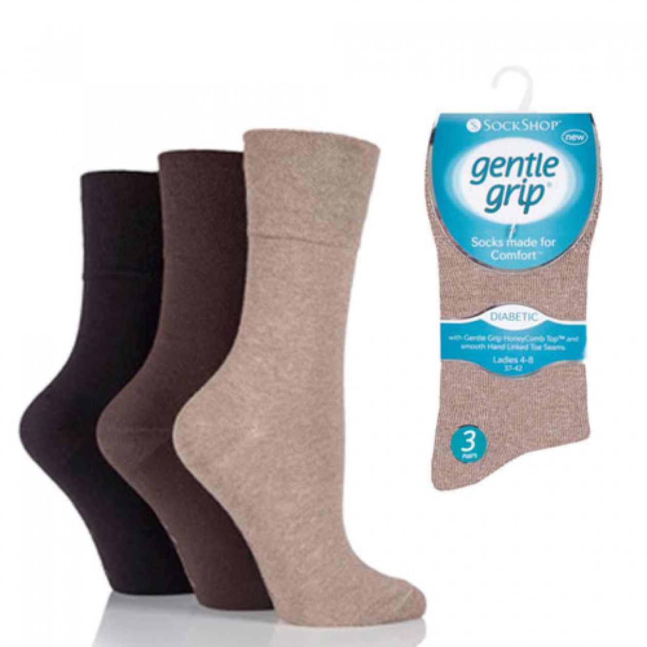 Ladies Diabetic Gentle Grip Socks Brown 3 Pack